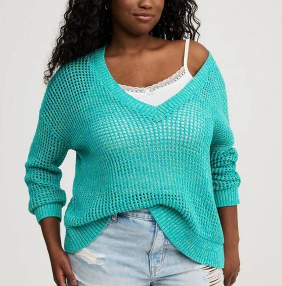 Torrid Open Stitch Pull Over Sweater V Neck Aqua 4XL - Picture 3 of 8